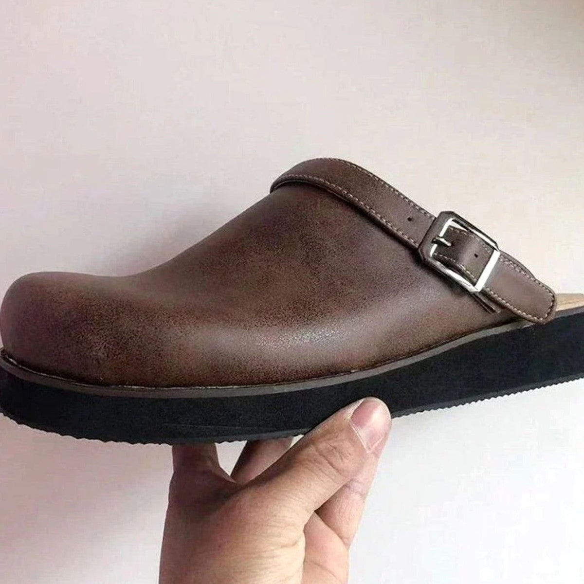 Men Round Toe Leather Mules with Adjustable Buckle Strap and Arch Support