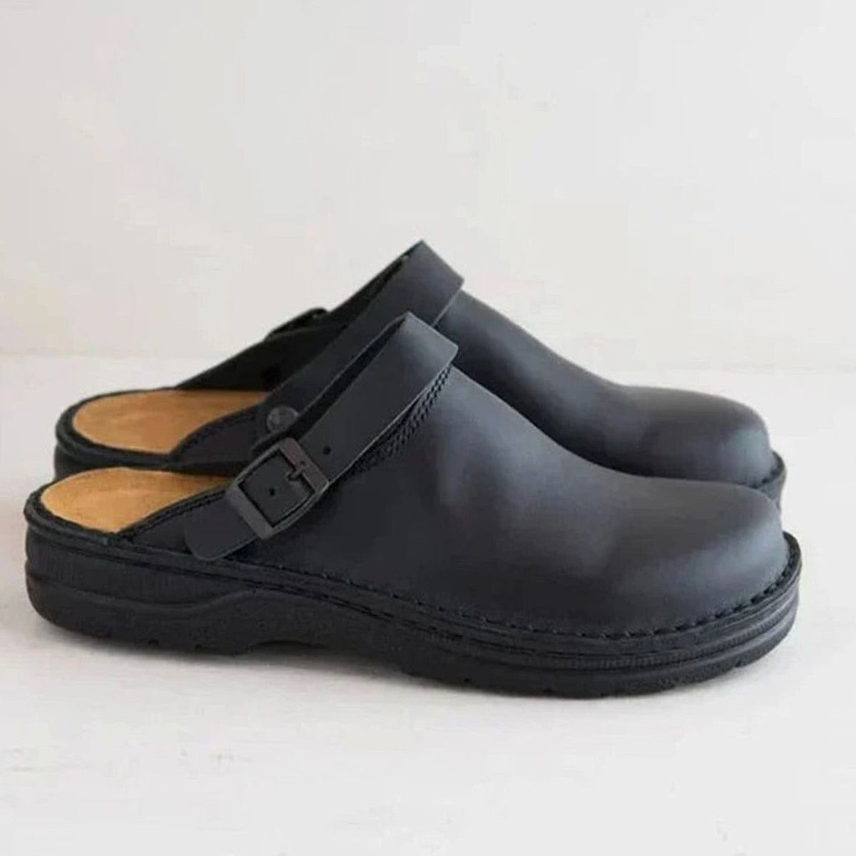 Men Round Toe Leather Mules with Adjustable Buckle Strap and Arch Support