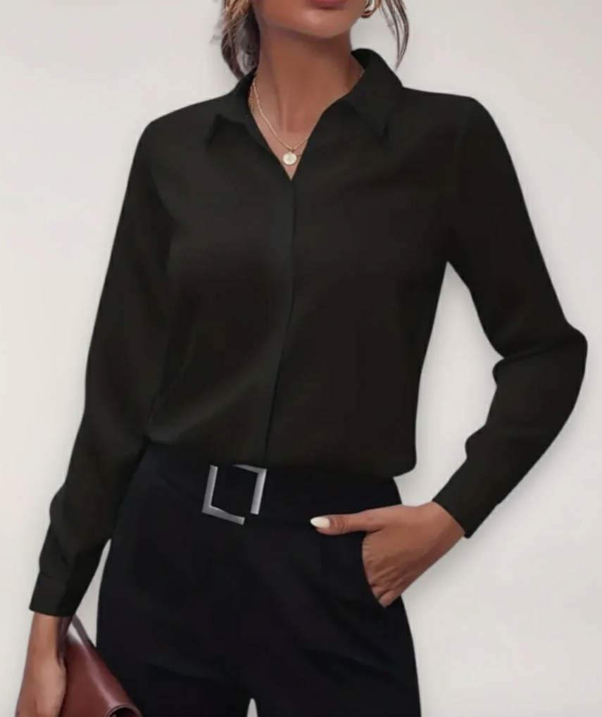 Button-Up Blouse with Classic Collar and Tapered Waist, Machine Washable