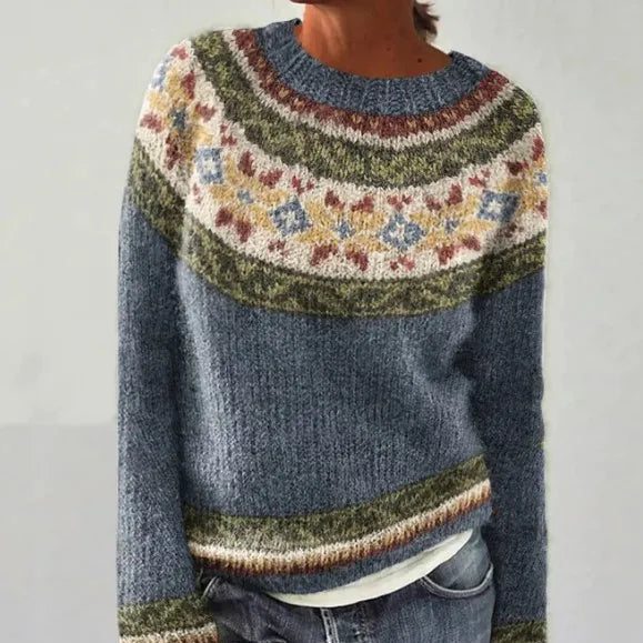 Multicolor Nordic-Inspired Sweater with Boat Neckline and Relaxed Fit