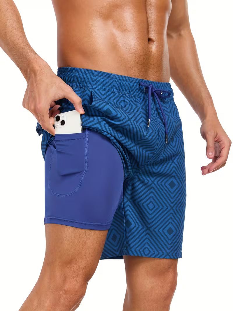 Men's Swim Shorts with Adjustable Drawstring Waist and Tropical Print, Quick-Dry Mid-Thigh