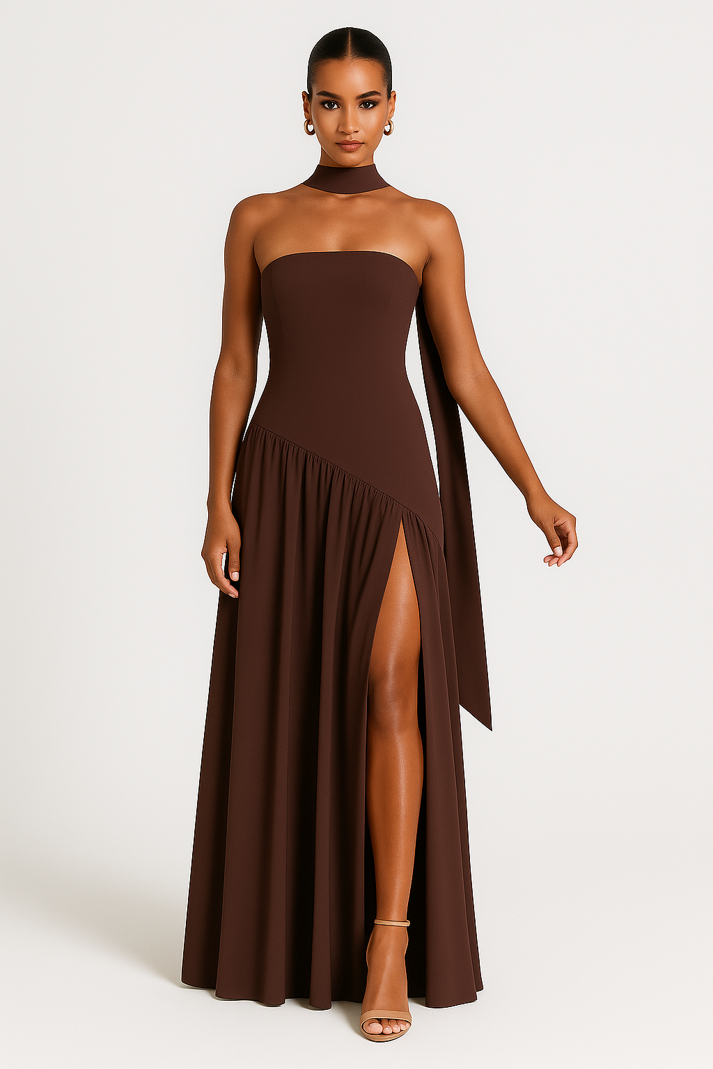 Strapless Evening Dress with Sculpted Bodice and Asymmetric Waist, High Front Slit