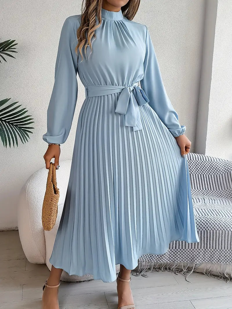 Long Sleeve Pleated Dress with Removable Belt and Hidden Zipper, Lightweight Polyester