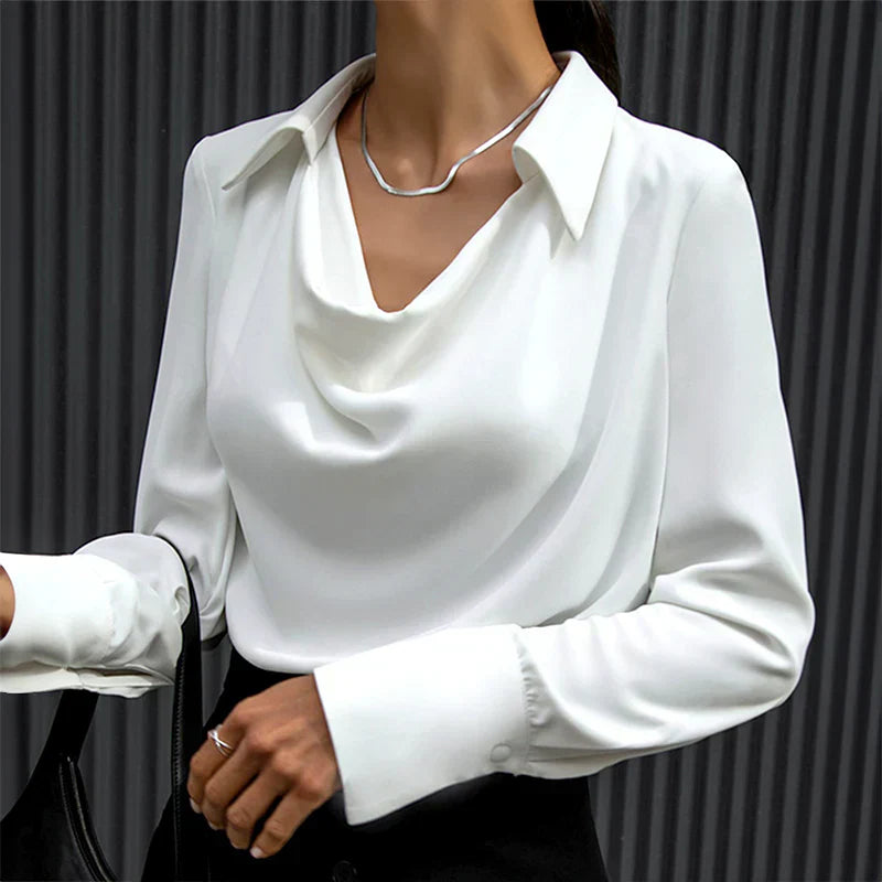 Women's Satin Blouse with Draped Neck and Long Sleeves, Tailored Regular Fit
