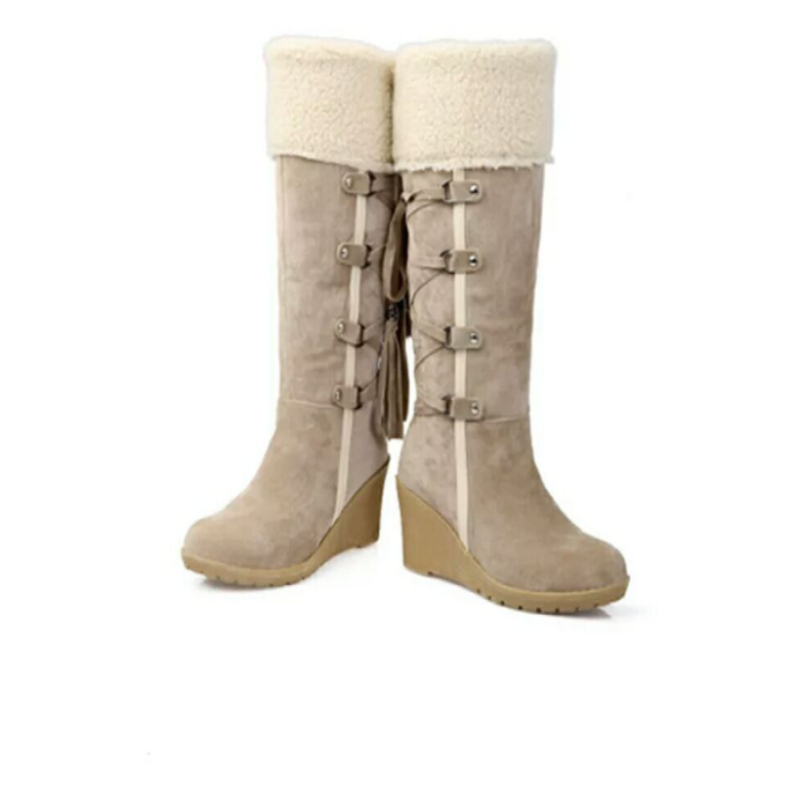 Wedge Winter Boots for Women with Plush Faux Fur Lining and Side Zipper, Treaded Sole
