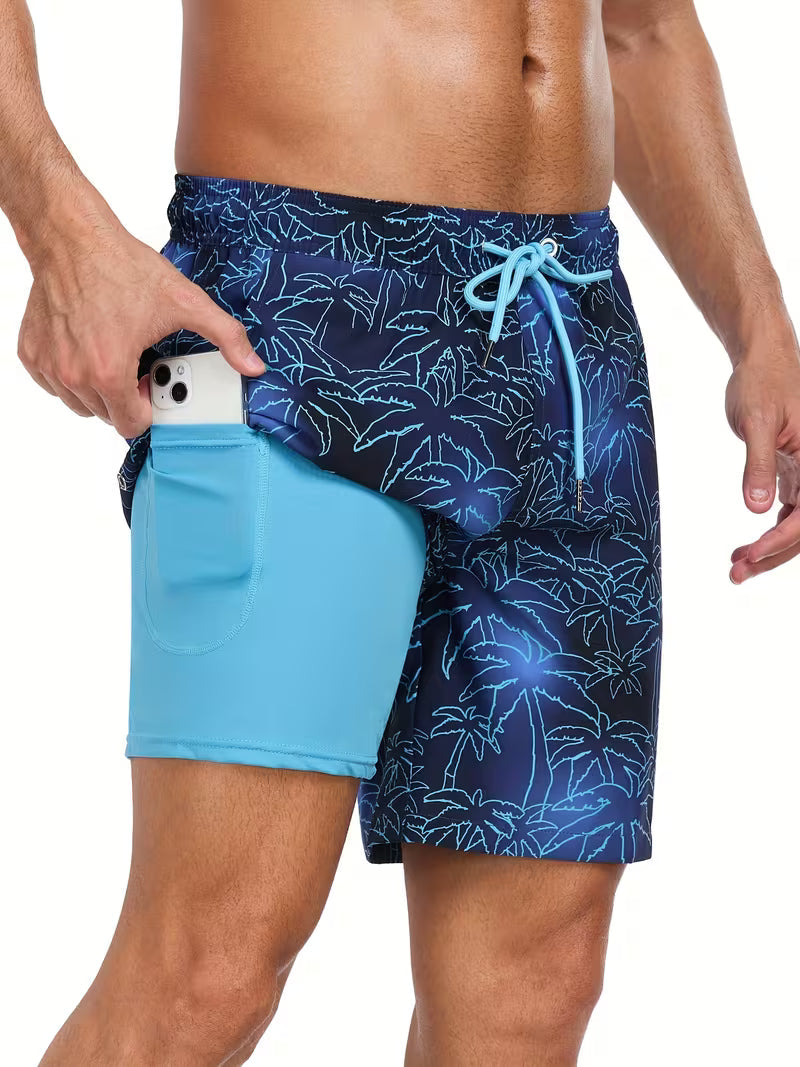 Men's Swim Shorts with Adjustable Drawstring Waist and Tropical Print, Quick-Dry Mid-Thigh