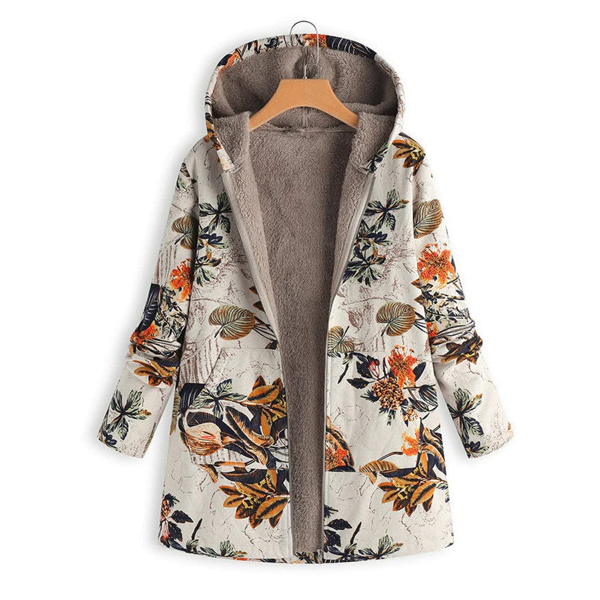 Women's Winter Coat with Adjustable Hood and All-Over Floral Print, Insulated Fill