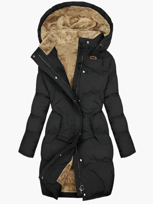 Long Quilted Coat for Women with Plush Hood and Fleece Lining, Zipper Front