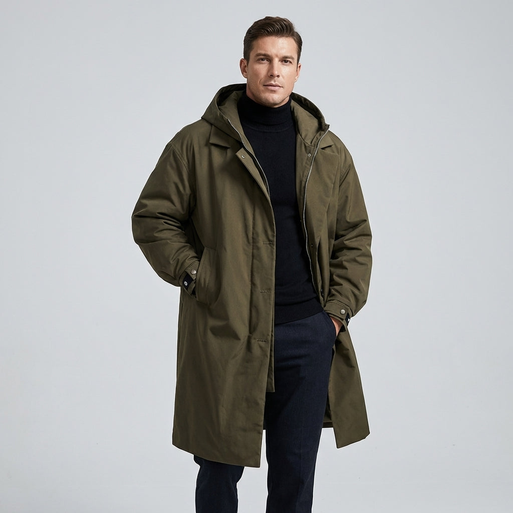 Men's Raincoat with Adjustable Hood and Storm Flap Zipper, Side Pockets