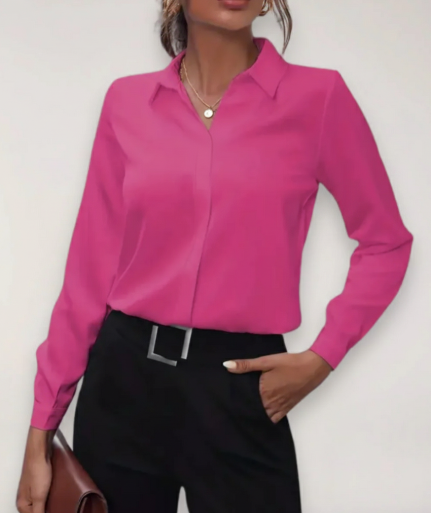 Button-Up Blouse with Classic Collar and Tapered Waist, Machine Washable