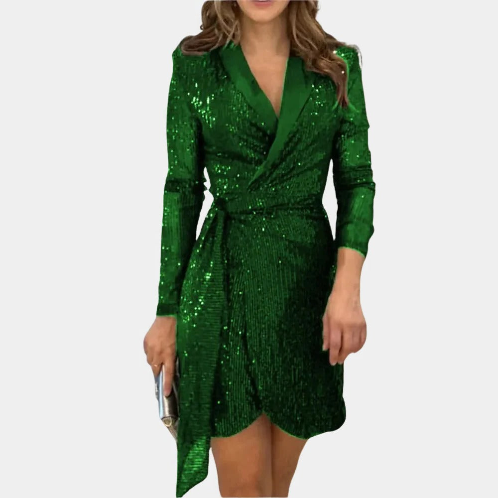 Blazer Dress with Attached Belt and Glitter Threads, Four Colors