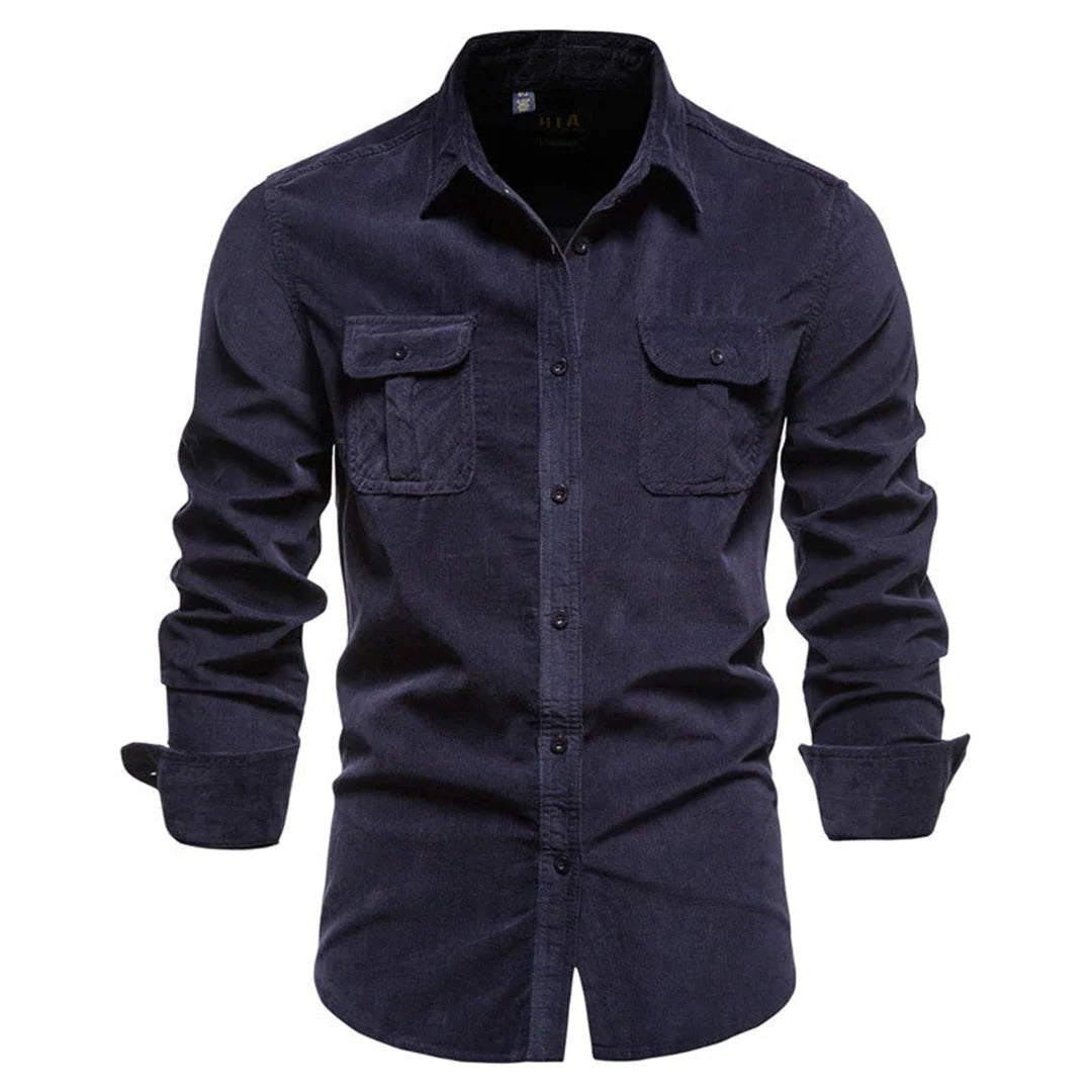 Textured Corduroy Button-Up Shirt with Long Sleeves and Classic Collar