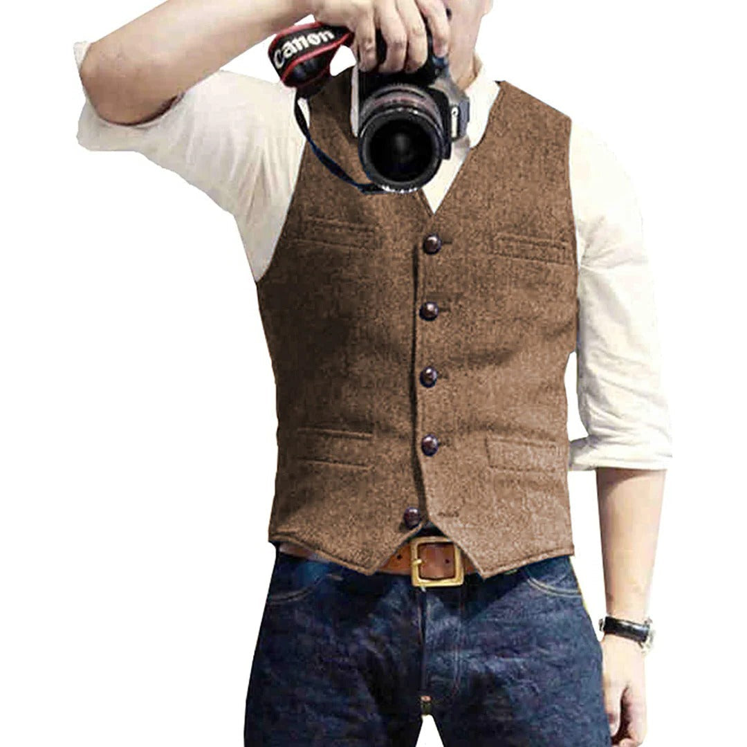 Men's Button Front Vest with Dual Pockets and Wool Blend Fabric