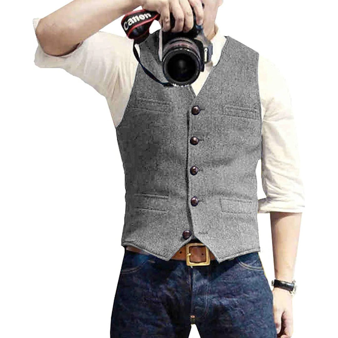 Men's Button Front Vest with Dual Pockets and Wool Blend Fabric