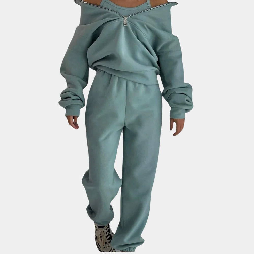Women's Jogging Suit with Half Zip Vest and Loose Fit Pants, Breathable Fabric