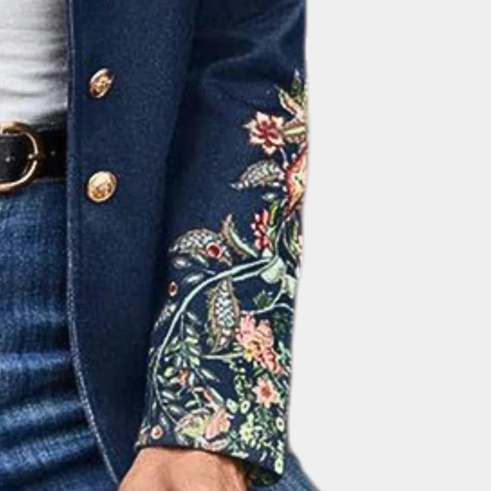 Collarless Floral Blazer with Button Front and Tailored Fit for Women