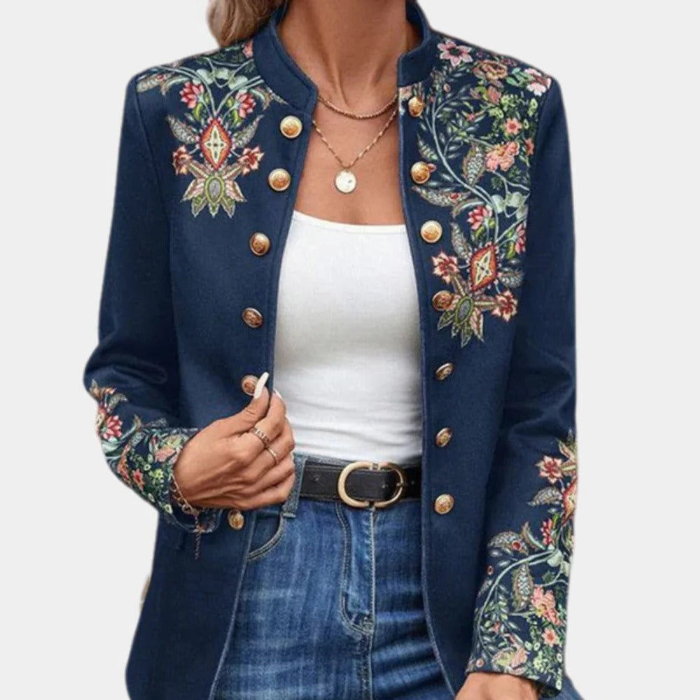 Collarless Floral Blazer with Button Front and Tailored Fit for Women