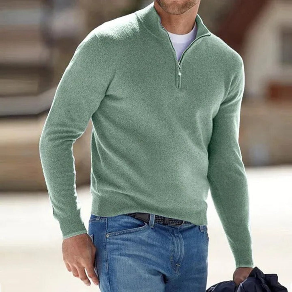 Men's Quarter Zip Sweater with Soft Knit and Ribbed Cuffs, Breathable Polyester