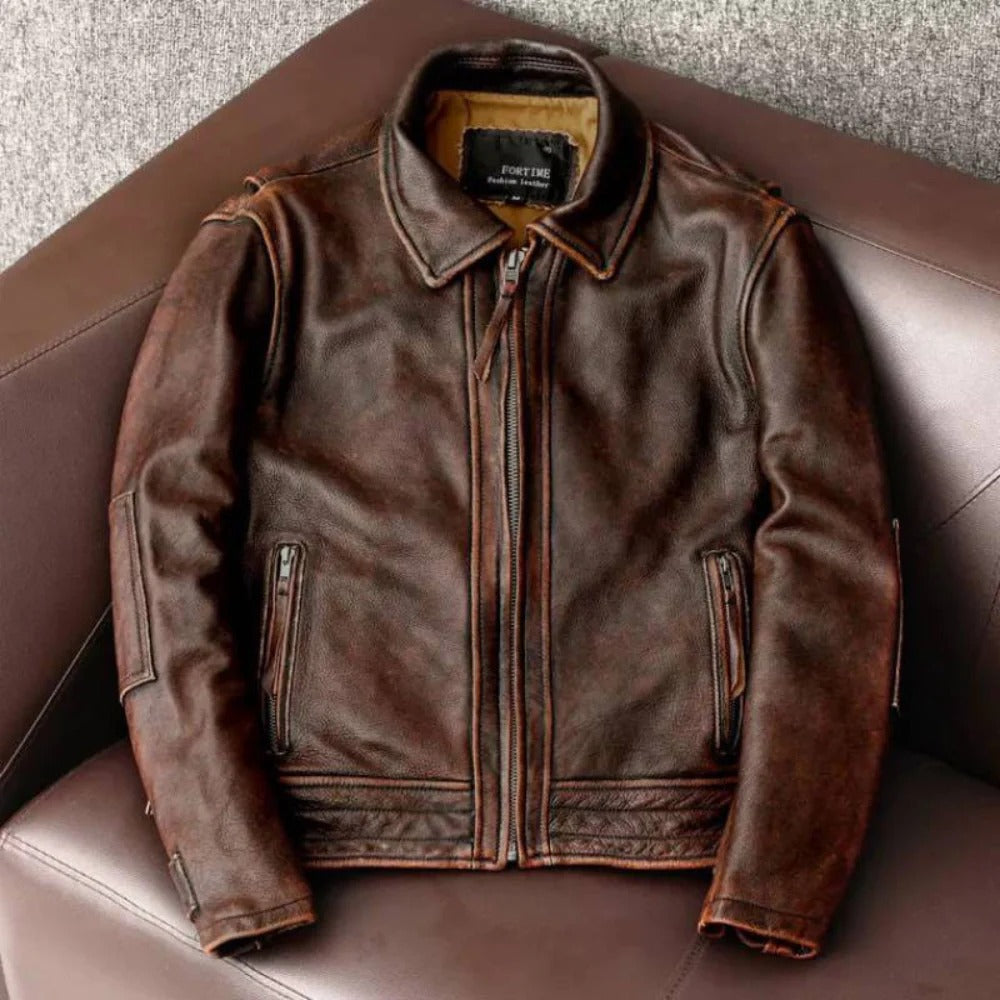 Men's Slim Retro Jacket with Cowhide Shell and Tailored Fit