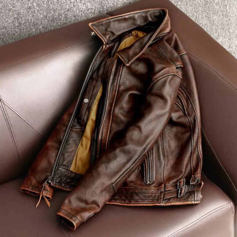 Men's Slim Retro Jacket with Cowhide Shell and Tailored Fit