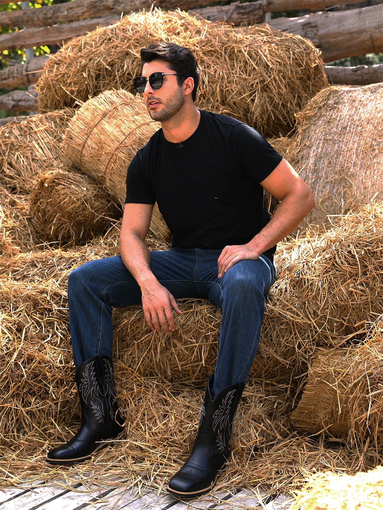 Cowboy Boots for Men with Flame Stitch and Tall Pull on Shaft, Traction Outsole