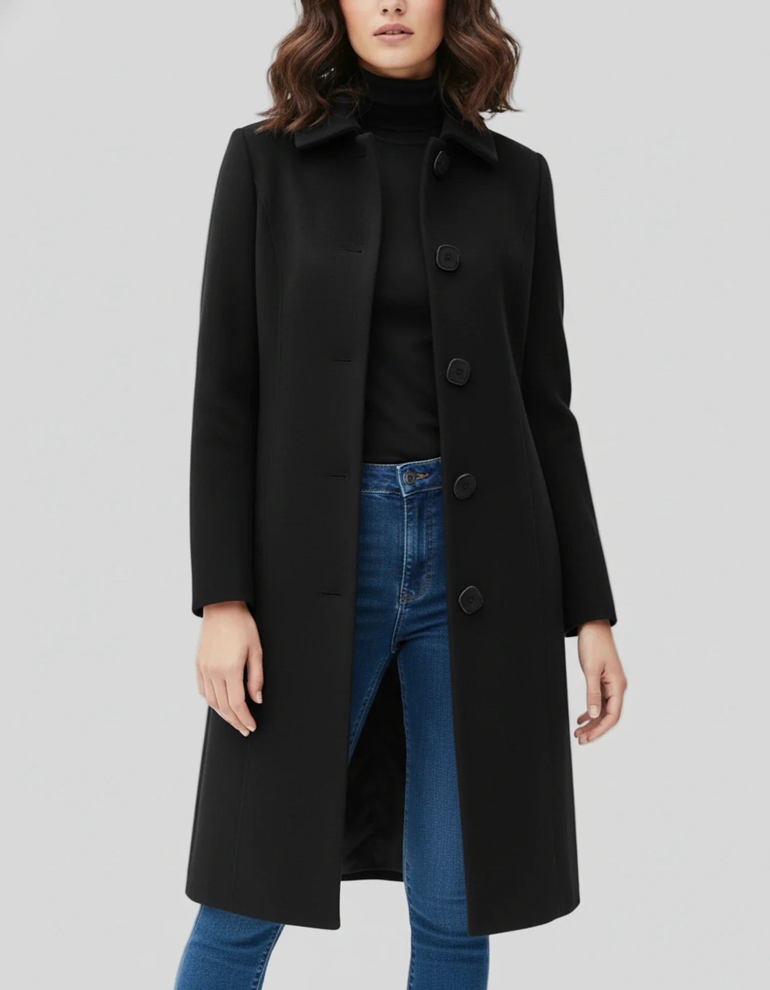 Women's Winter Trench Coat with Button Front and Flared Hem, Machine Washable