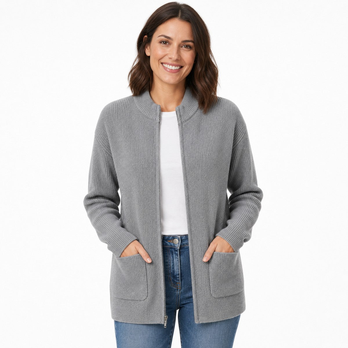 Casual Knit Cardigan Sweater for Women with Full Zip and Front Pockets