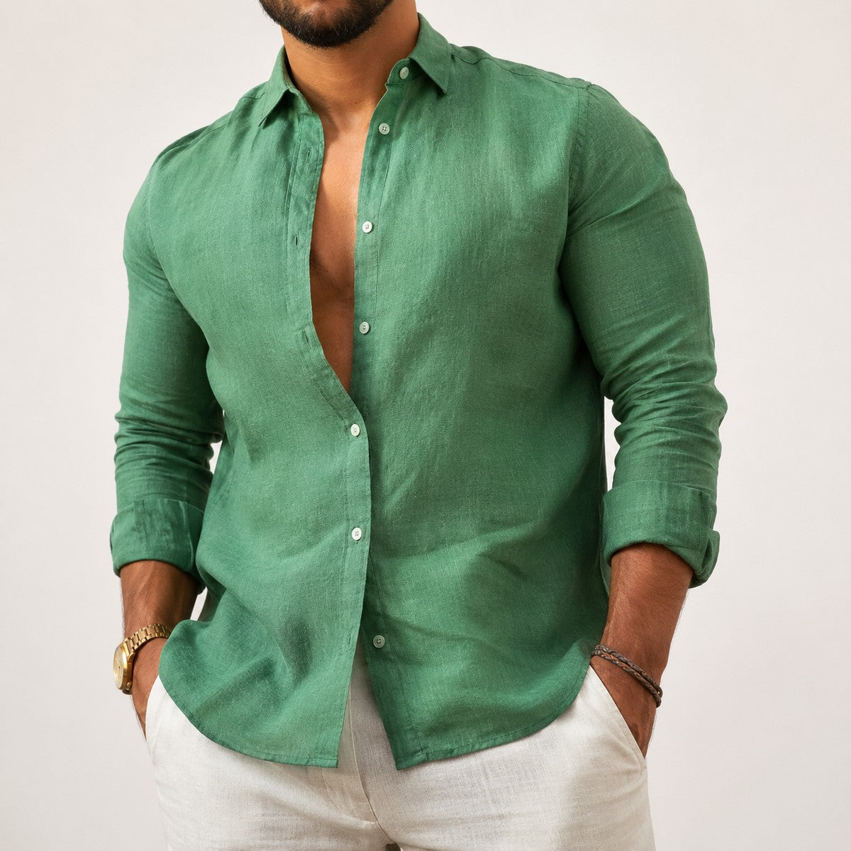 Men Long Sleeve Casual Button Down Shirt with Mandarin Collar