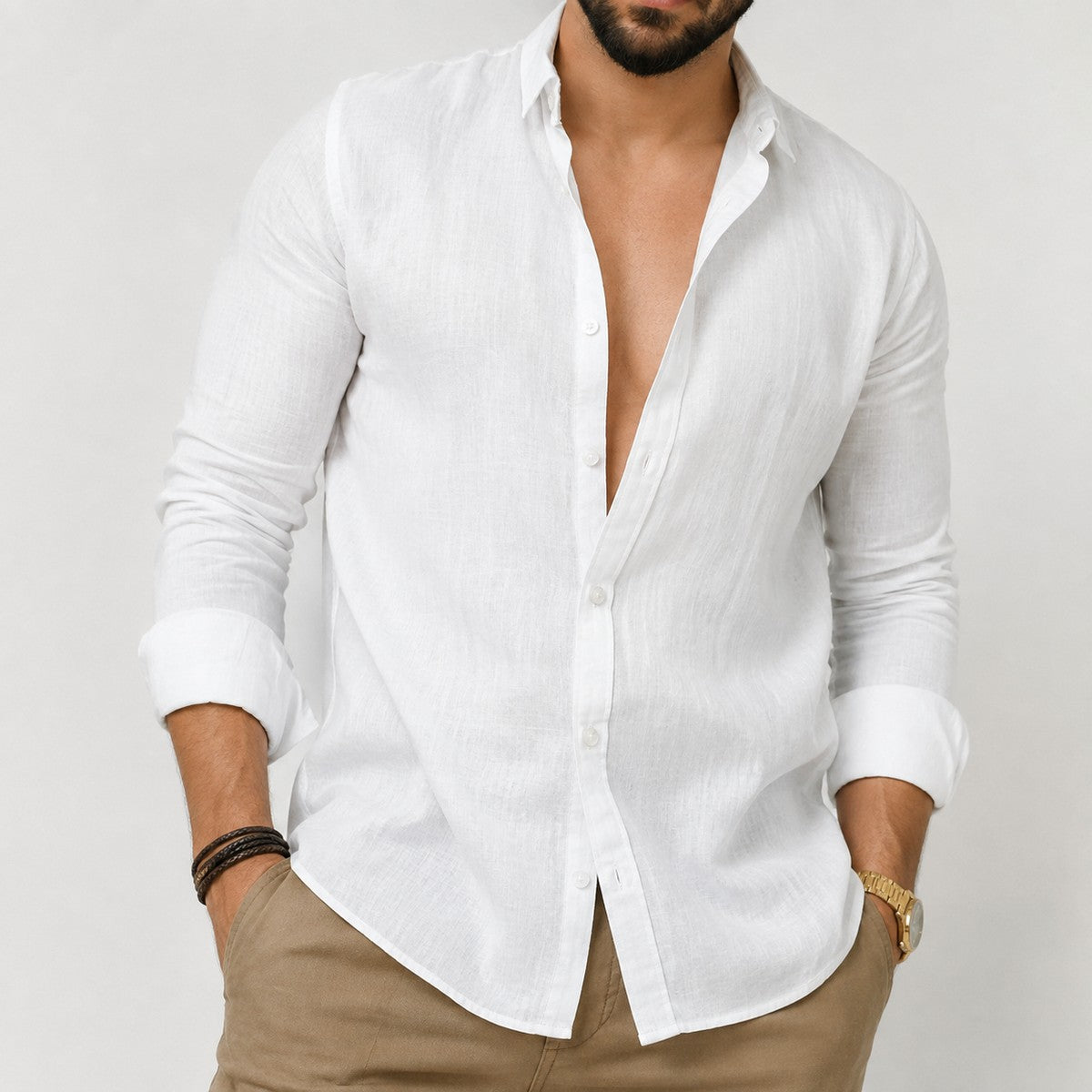 Men Long Sleeve Casual Button Down Shirt with Mandarin Collar