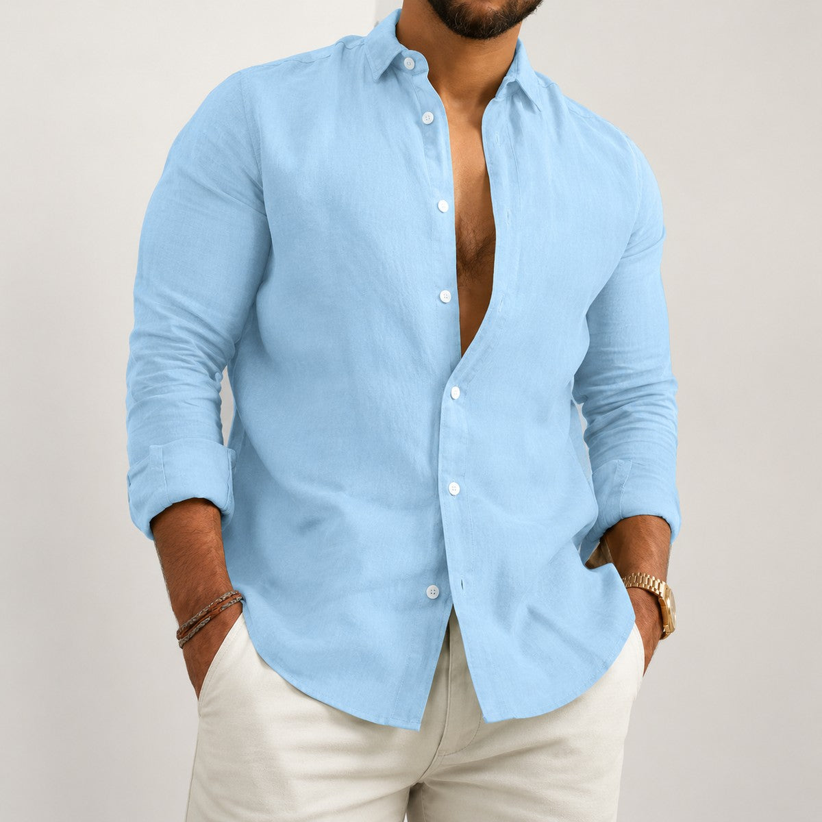 Men Long Sleeve Casual Button Down Shirt with Mandarin Collar