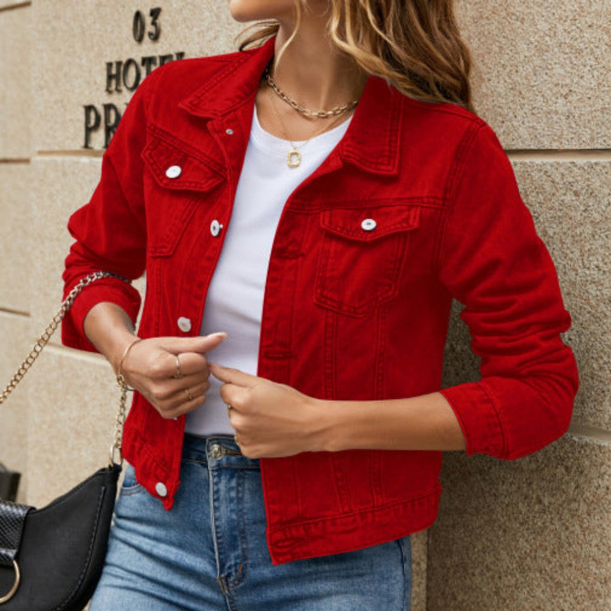 Classic Button Down Denim Jacket with Point Collar and Chest Pockets