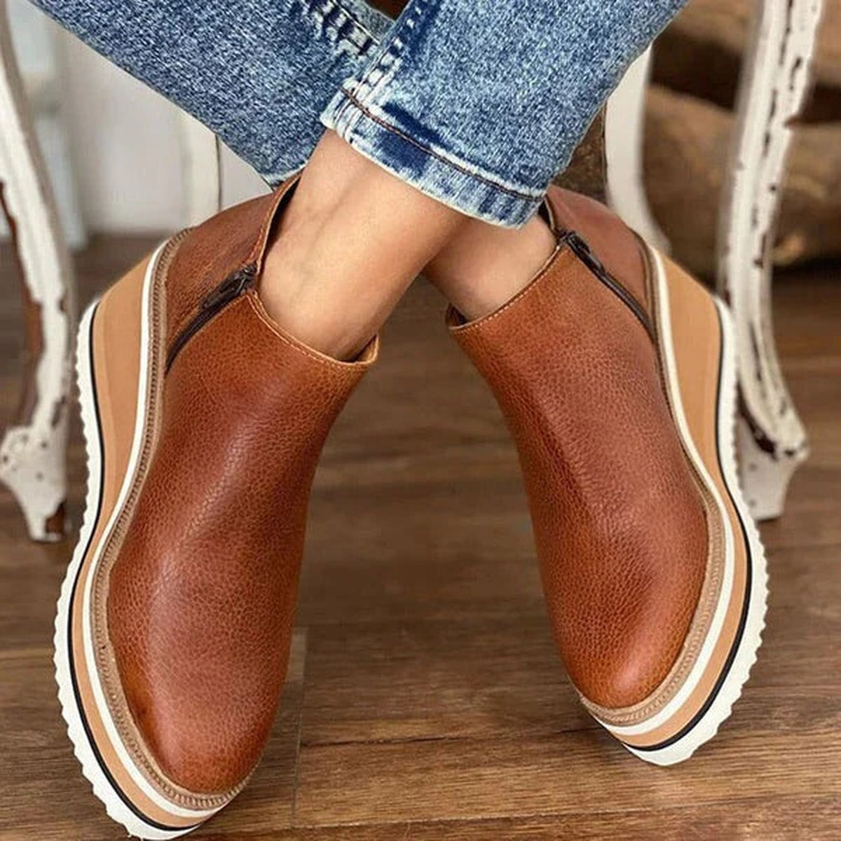 Lace Up Wedge Ankle Booties with Plush Faux Fur Collar and Platform Sole