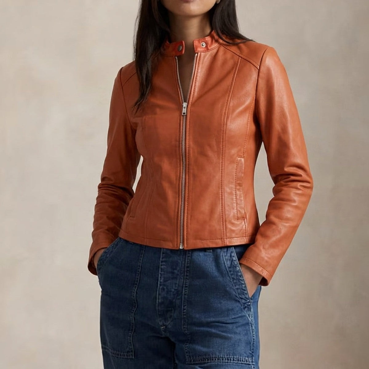 Women's Slim Fit Leather Moto Jacket with Asymmetrical Front Zipper