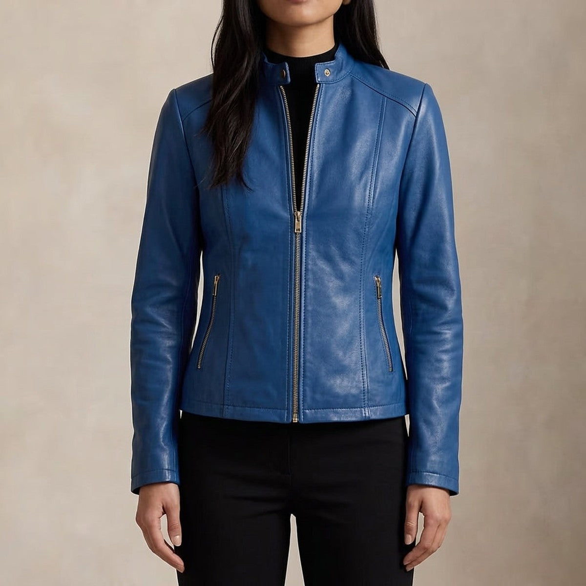 Women's Slim Fit Leather Moto Jacket with Asymmetrical Front Zipper