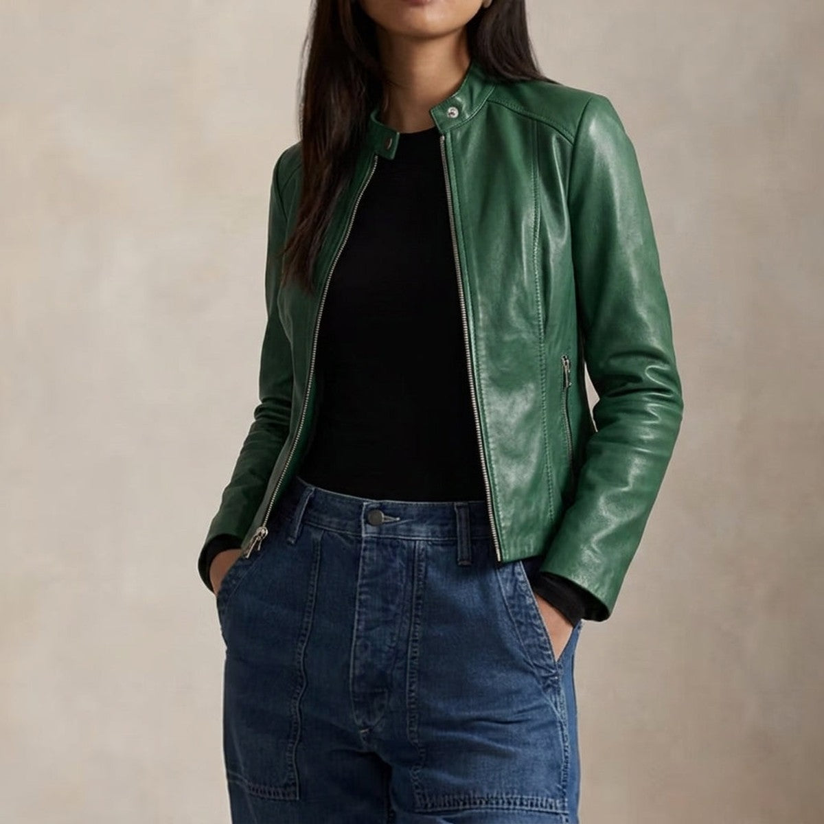 Women's Slim Fit Leather Moto Jacket with Asymmetrical Front Zipper
