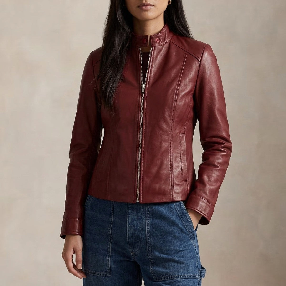 Women's Slim Fit Leather Moto Jacket with Asymmetrical Front Zipper