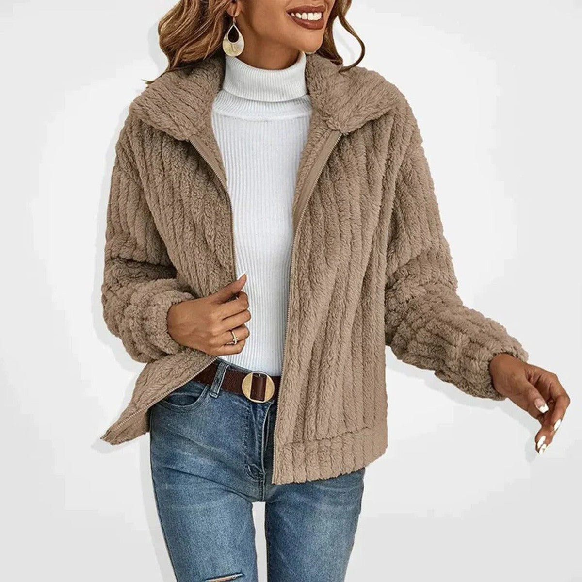 Women Fluffy Sherpa Hooded Longline Coat with Toggle Buttons and Pockets