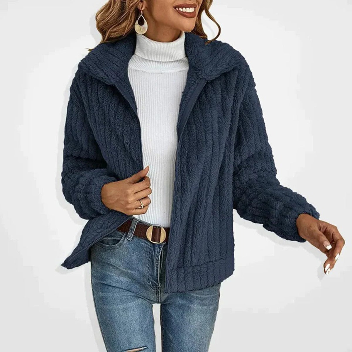 Women Fluffy Sherpa Hooded Longline Coat with Toggle Buttons and Pockets