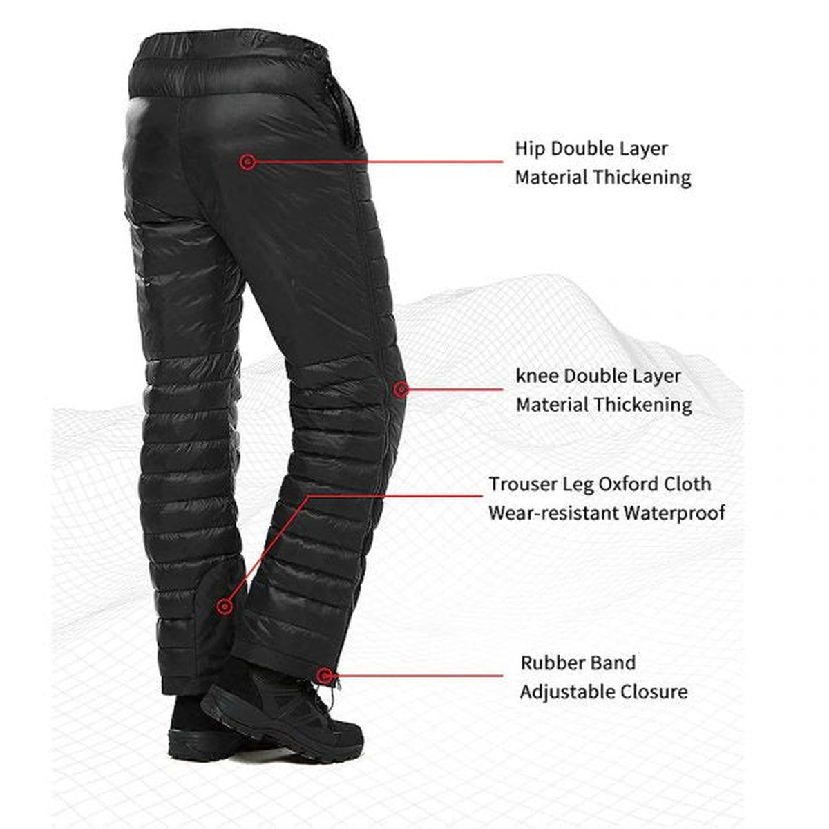 Insulated Goose Down Winter Pants with Full Side Zippers for Cold Weather Camping