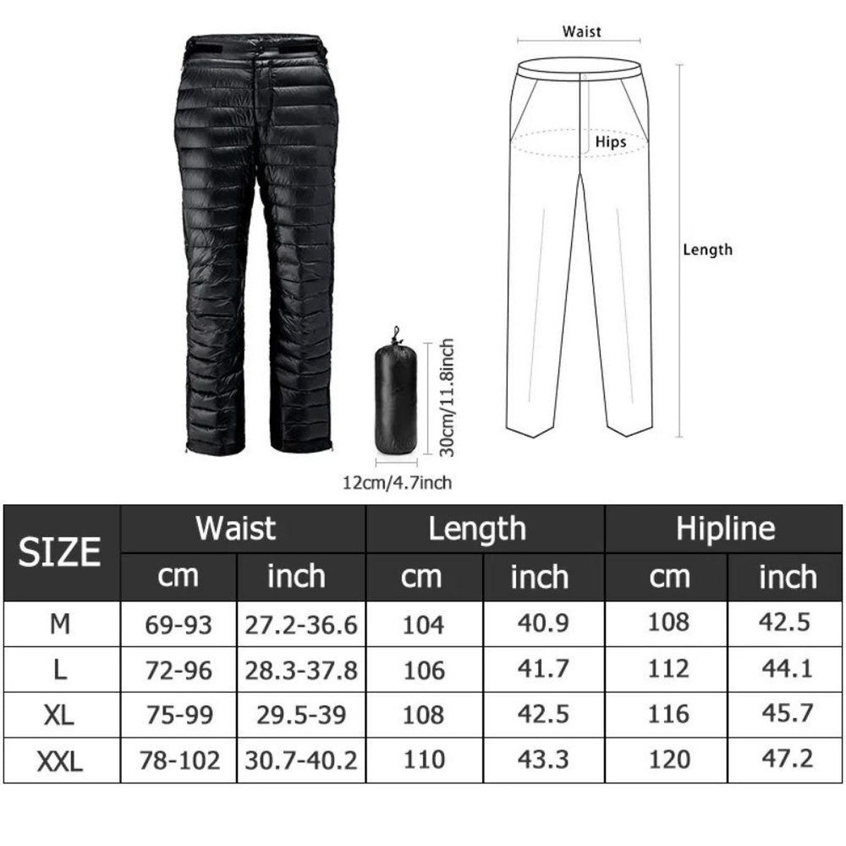 Insulated Goose Down Winter Pants with Full Side Zippers for Cold Weather Camping