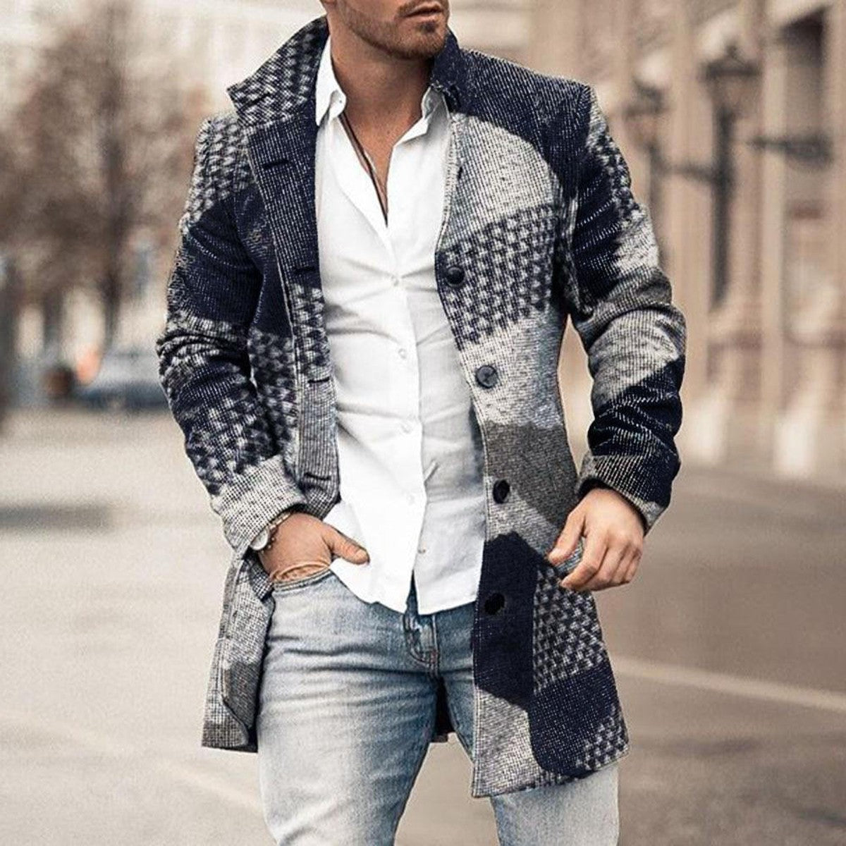 Men Vintage Plaid Trench Coat with Notched Lapel and Button Closure