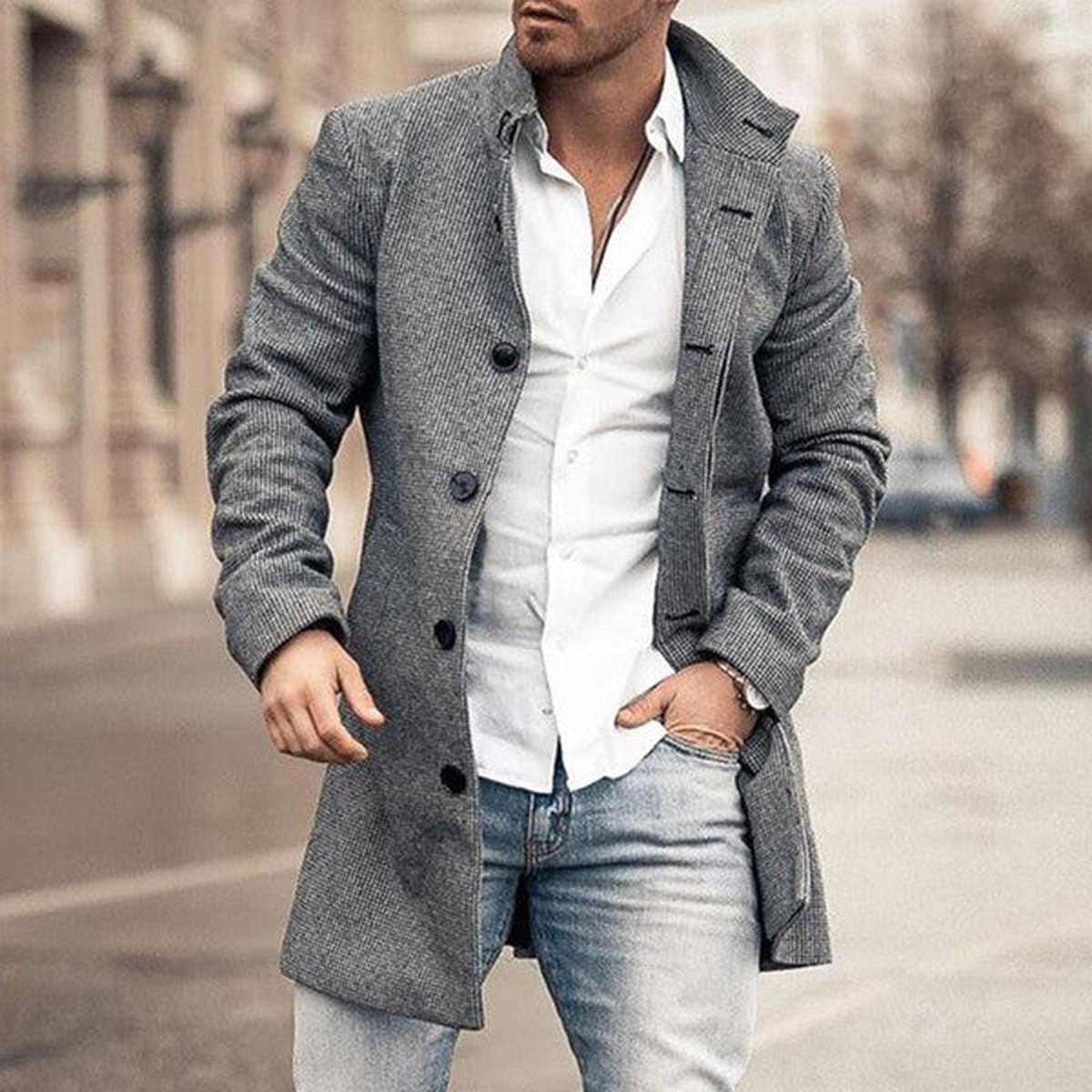 Men Vintage Plaid Trench Coat with Notched Lapel and Button Closure