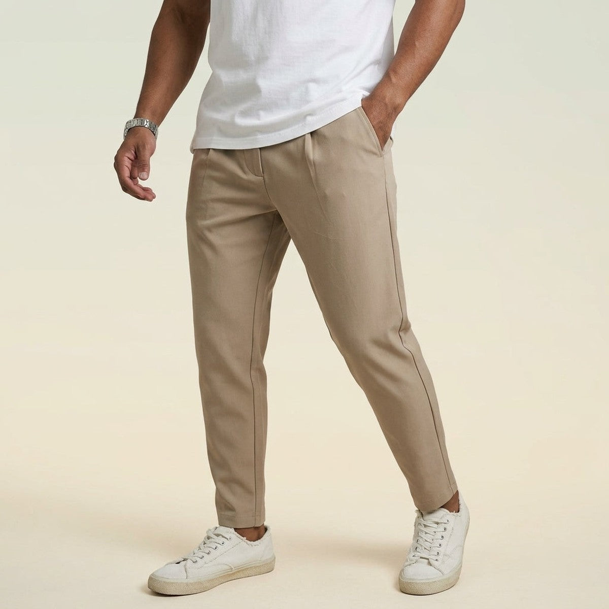 Casual Straight Leg Chino Trousers with Drawstring Waist for Men