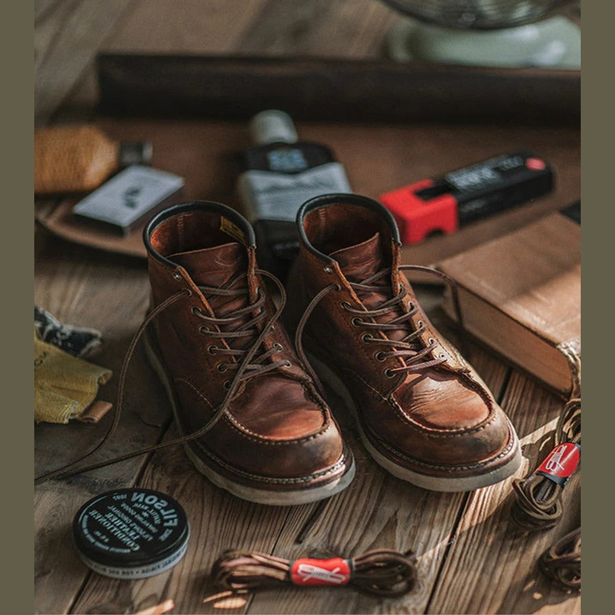 Classic Ankle Work Boots with Wedge Sole and Lace Up Moc Toe Design