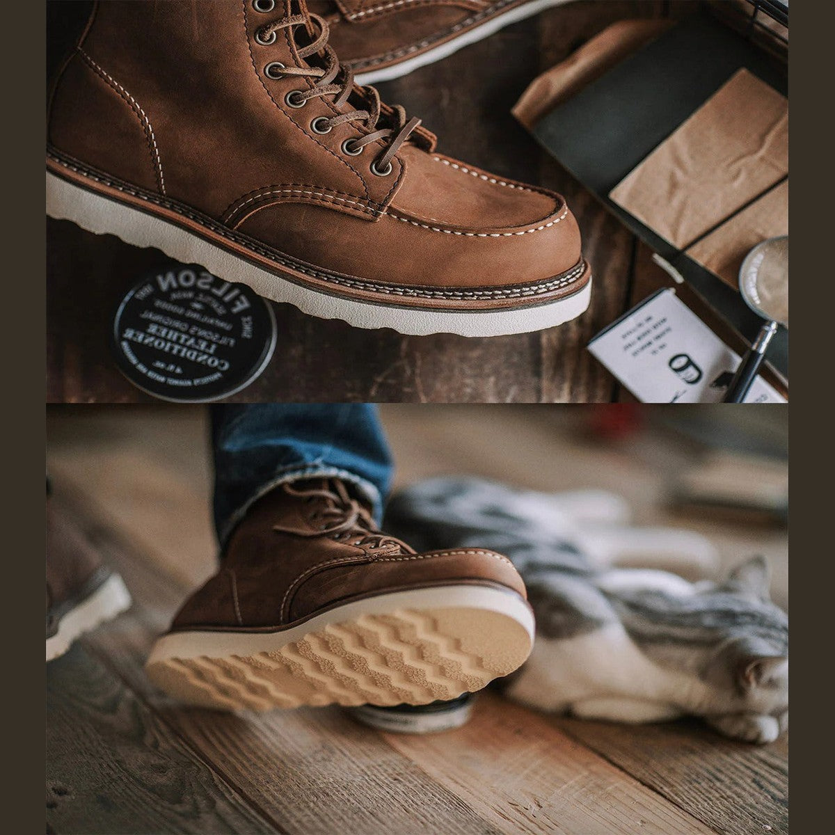 Classic Ankle Work Boots with Wedge Sole and Lace Up Moc Toe Design