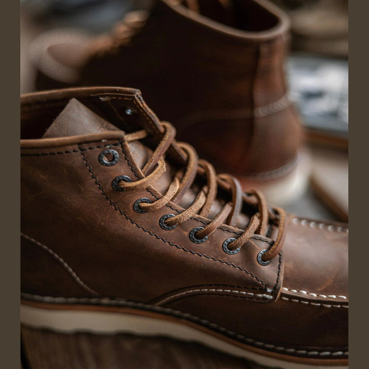 Classic Ankle Work Boots with Wedge Sole and Lace Up Moc Toe Design