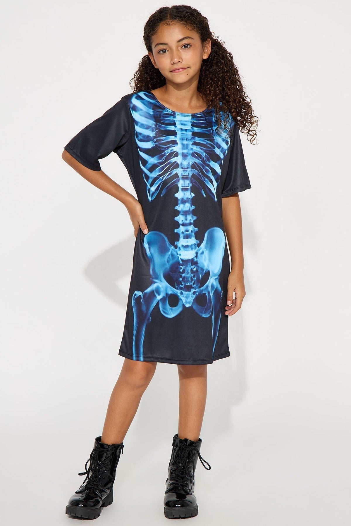 Skeleton Print Dress for Kids with Short Sleeves and Crew Neckline
