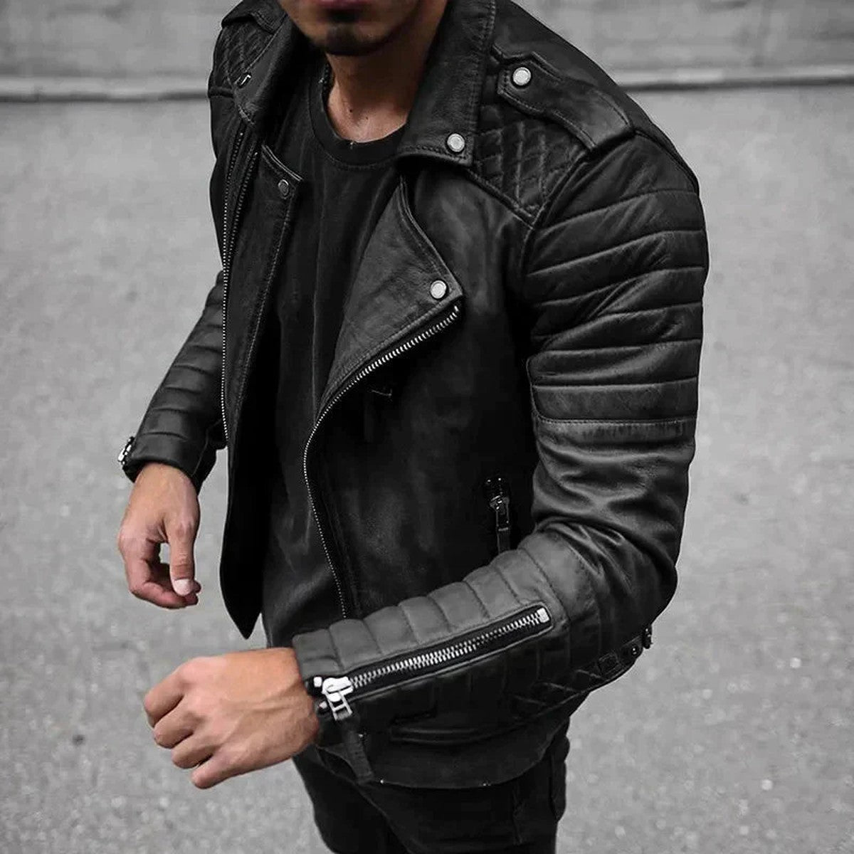 Men Leather Biker Jacket with Removable Drawstring Hood and Zip Pockets