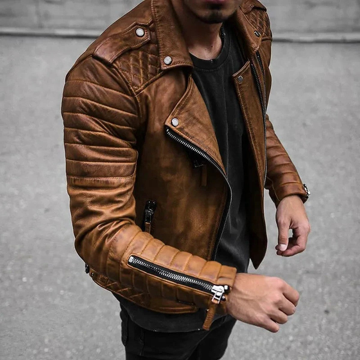 Men Leather Biker Jacket with Removable Drawstring Hood and Zip Pockets