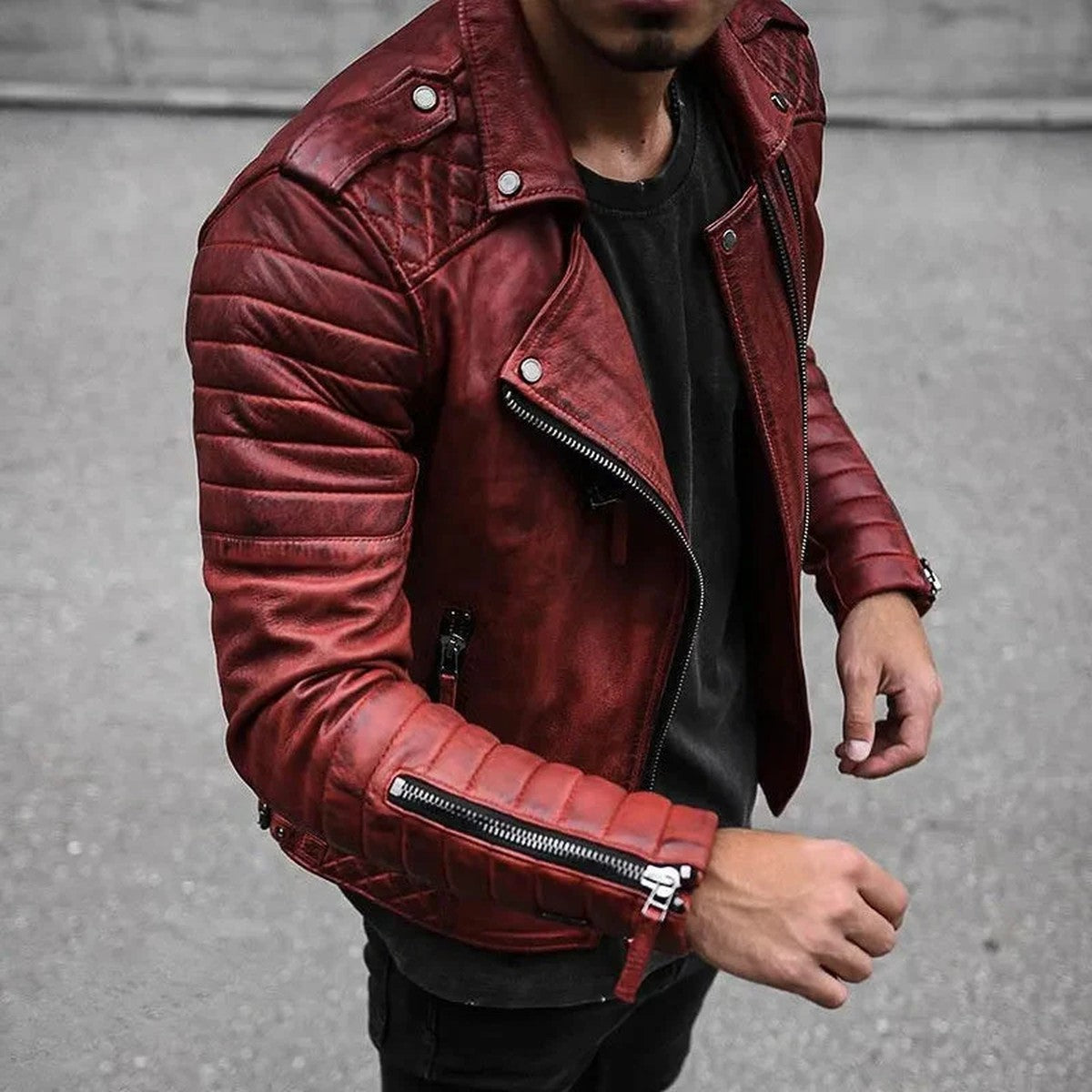 Men Leather Biker Jacket with Removable Drawstring Hood and Zip Pockets